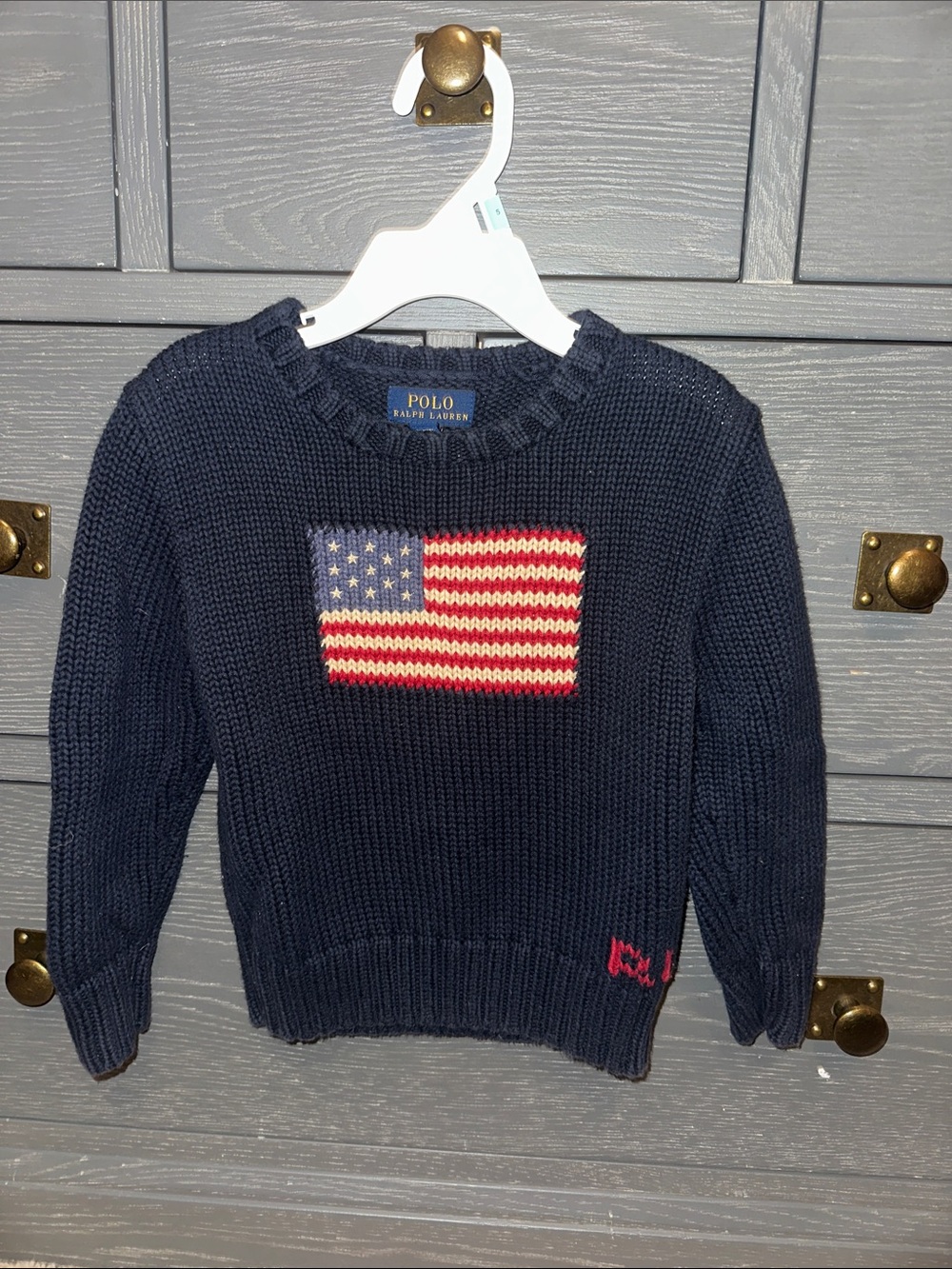 Polo by Ralph Lauren Navy Cotton Knit Crewneck Sweater with Flag Motif